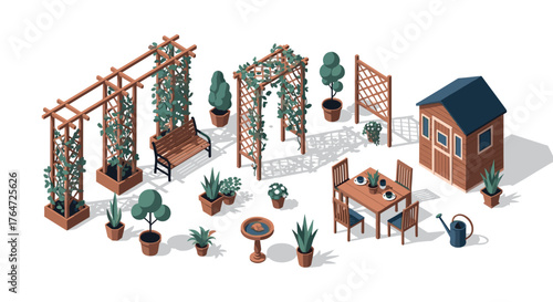 Isometric garden scene with pergola, furniture, and potted plants
