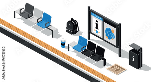 Modern isometric train platform with seating and informational signage