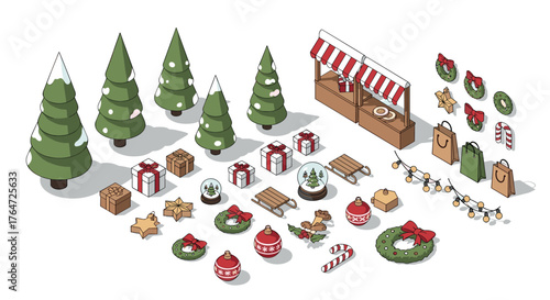 Festive market stall with christmas trees, gifts, and holiday decorations in isometric style