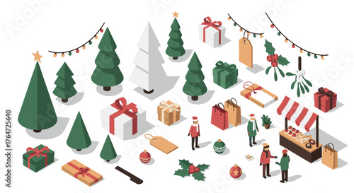 Festive christmas market scene with isometric holiday decorations and gift exchange