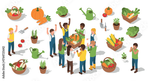 Community gardening celebration with happy people and fresh vegetables in isometric style