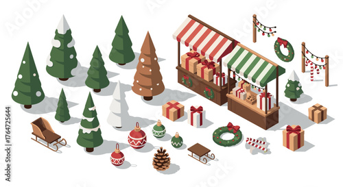 Festive market stall with christmas trees, decorations, and gifts in isometric style
