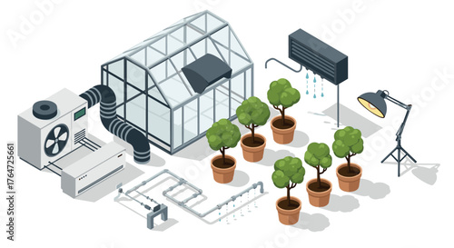 Isometric greenhouse setup with ventilation and irrigation for indoor gardening