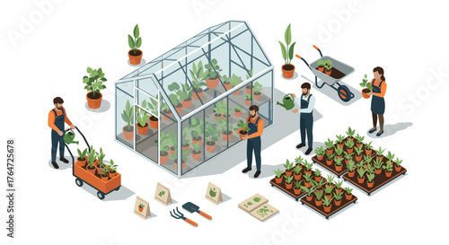 Isometric greenhouse gardening with people caring for plants and tools