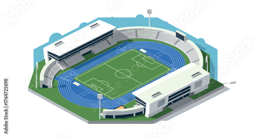 Isometric stadium complex with athletic track and football field
