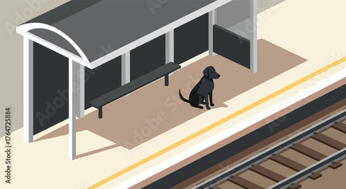 Isometric dog at train station platform under shelter
