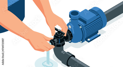 Hands adjusting valve on industrial water pump system in isometric design