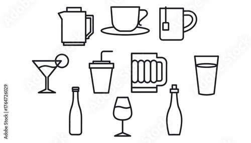 Comprehensive Food, Cooking, Kitchen Tools, and Beverage Drink Icon Set in a Minimalist Outline Vector Design, Featuring Coffee, Tea, Alcohol, Cocktails, Pots, Bowls, Recipe, and Utensils
