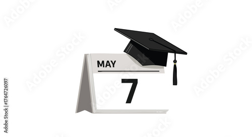 Graduation day reminder with a calendar showing may 7th under a graduation cap symbolising achievement