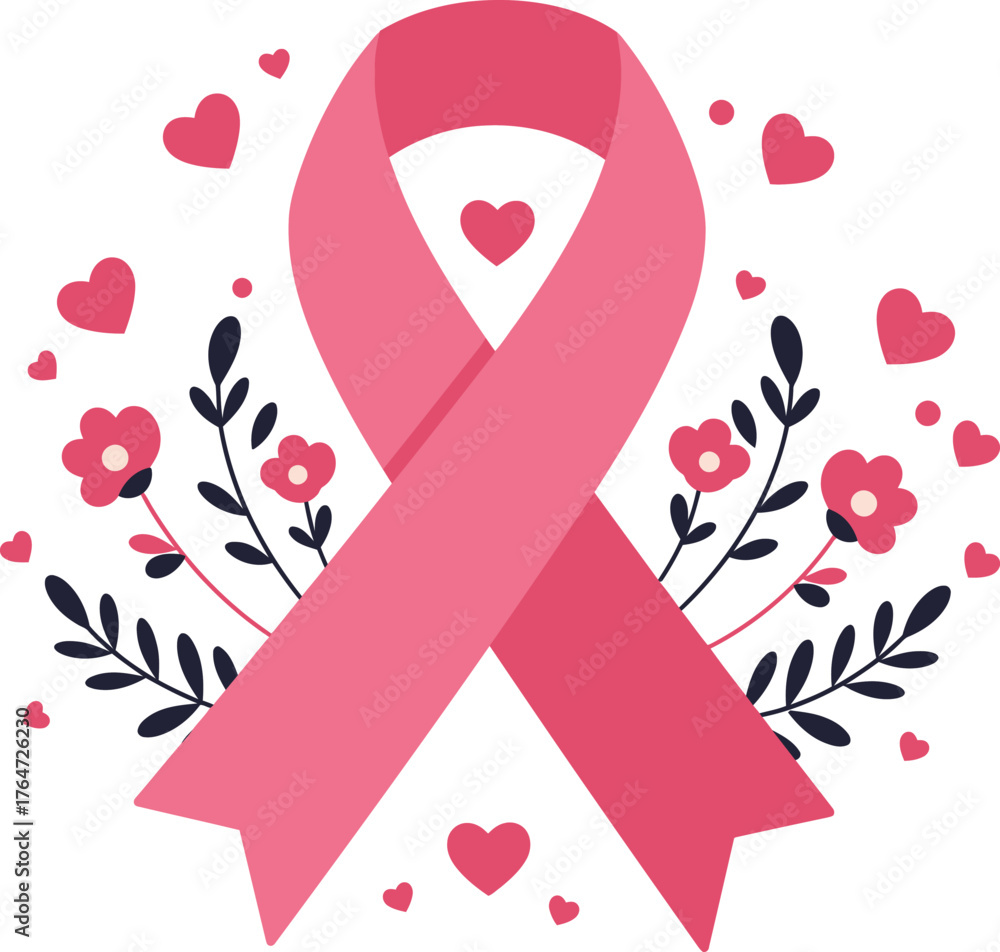 Fototapeta premium Pink ribbon awareness symbol with flowers and hearts supporting breast cancer