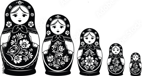 Traditional Russian Matryoshka Nesting Dolls Black and White Vector Set with Floral Ornament
