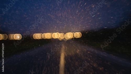 Nighttime highway scene with blurred bokeh lights and soft focus