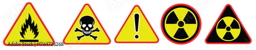 Collection of warning signs isolated on white background featuring flammable, toxic, general caution, and radiation hazard symbols, displayed in clear triangular or circular formats for safety