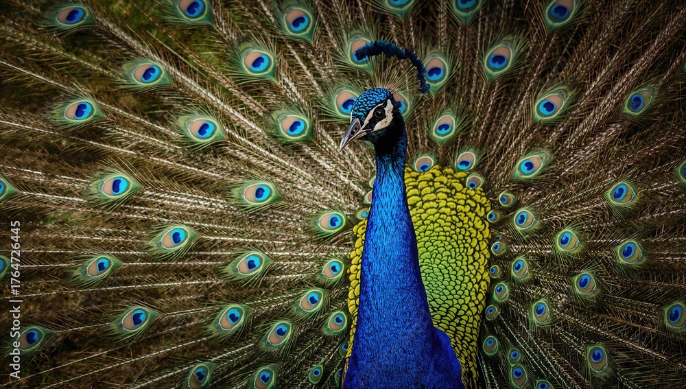 Fototapeta premium Vibrant blue male peacock with stunning feathers