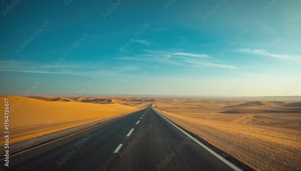 Naklejka premium Paved highway stretching across a sandy desert beside the ocean under a clear sky