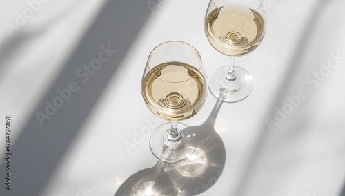 Collection of white wine glasses arranged for tasting session, Minimalist style theme. Overhead shot of glossy wine glasses on table with sunlight, shadows, and sun flare, alcoholic beverages on