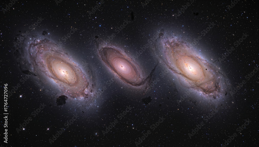Naklejka premium Leo Triplet photographed through a composite of 64 stacked exposures; color-cooled imaging sensor; each shot lasting 300 seconds.
