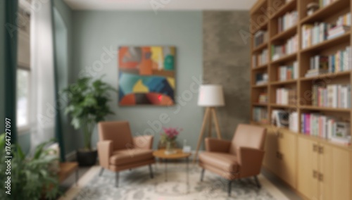 Soft-focus backdrop of a warm and welcoming reading nook featuring plush seating, vibrant artwork, lush greenery, and fully stocked bookcases in a contemporary setting