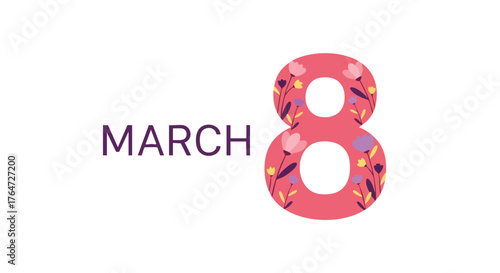 Festive international women's day illustration design featuring a floral numeral for greeting card creation and celebration backdrop