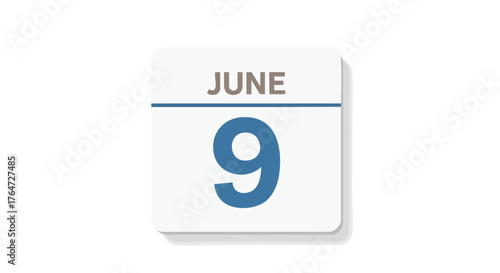 Stylized calendar with June 9th isolated against a clean white background for event planning and reminders using stylized typography