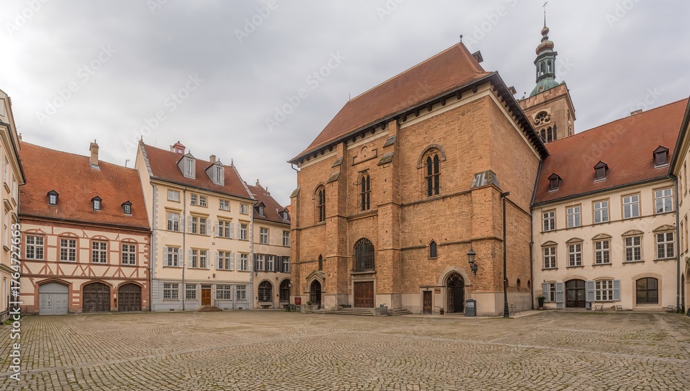 Fototapeta premium Castle courtyard with cathedral spires and historic church buildings