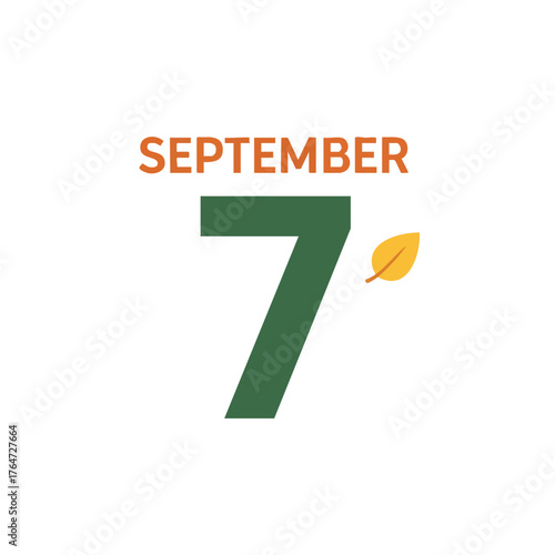 Illustrated september seventh date symbol with leaf accent, evoking autumn's gentle transition, reminding seasonal shift and calendar awareness for