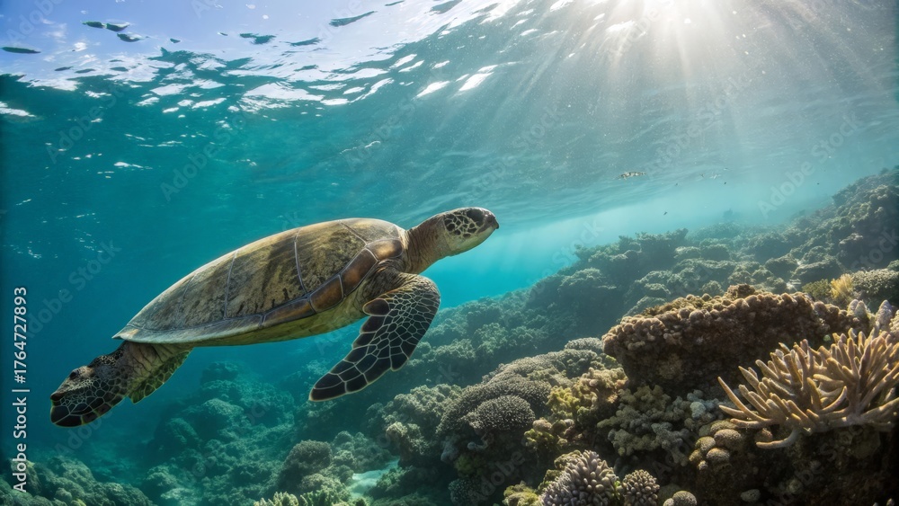 Obraz premium Turtle swimming gracefully underwater through sunlight beams
