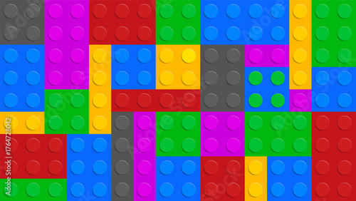 Colored plastic construction plate with black circles, geometric circle colorful wallpaper, seamless modern design abstract background, closeup plastic toy block