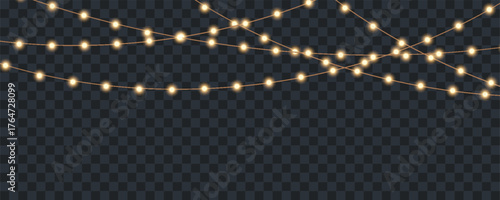 String of holiday lights, Christmas lights isolated design elements, glowing lights for greeting card design, gold Christmas bright garlands on transparent background, new year light led strips