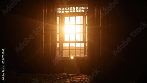 Sunrise light streaming through the bedroom window during home quarantine