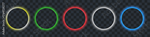 Neon halo rings, circle neon set frame with vibrant illumination effect on transparent background
