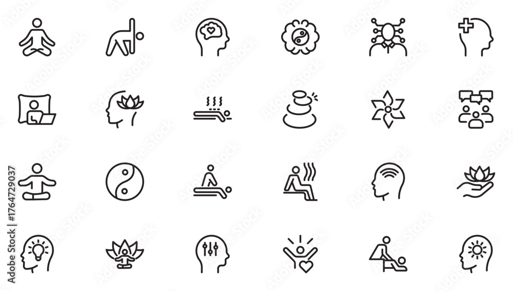 Fototapeta premium Yoga and meditation line icon set. Wellness icon set. Containing massage, yoga, spa, relaxation, health, exercise, diet, wellbeing. Thin outline icons pack. Vector illustration