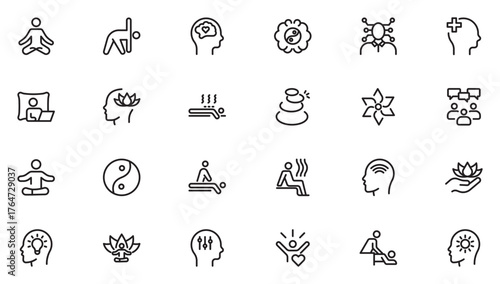 Yoga and meditation line icon set. Wellness icon set. Containing massage, yoga, spa, relaxation, health, exercise, diet, wellbeing. Thin outline icons pack. Vector illustration