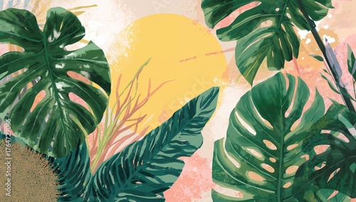 Abstract spring and summer scene featuring tropical Monstera foliage