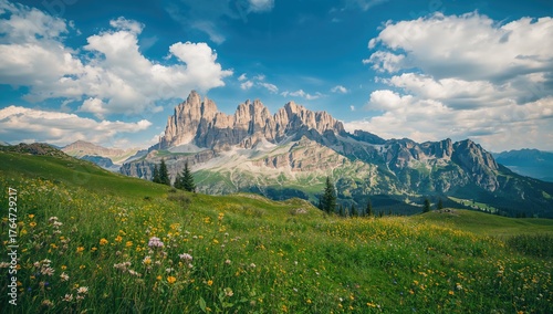 Summer view of the alpine peaks in a northern mountainous region