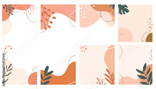 Abstract earthy tones backdrop with flowing shapes, foliage, & dots. Warm & organic design for modern aesthetic
