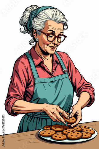 Grandmother happily baking cookies in bright kitchen with nostalgia