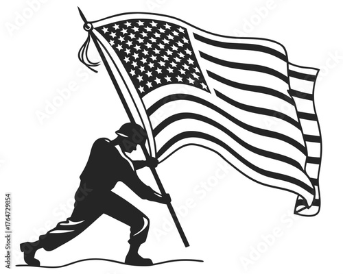 Silhouette of a soldier holding a large american flag on a pole in a black and white drawing on transparent background