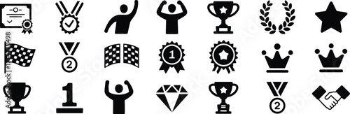 Achievement and reward glyph icon collection, vector black pictograms of trophy, medal, ribbon, crown, podium, certificate, and laurel wreath for success and victory concept illustration