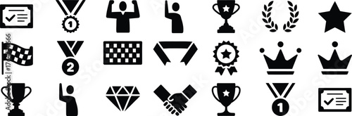 Achievement and reward glyph icon collection, vector black pictograms of trophy, medal, ribbon, crown, podium, certificate, and laurel wreath for success and victory concept illustration