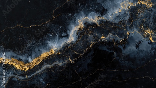 Premium abstract fluid artwork created with alcohol ink, blending deep blue, gray, and shimmering gold hues. Resembles a marble slab with radiant golden streaks. Soft and delicate design.