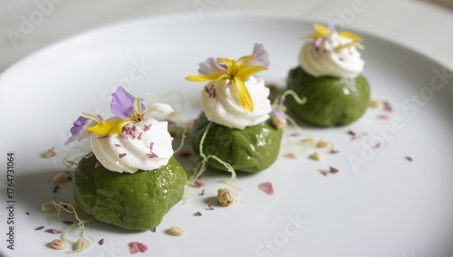 Wallpaper Mural Vegan green raw kimchi dumplings topped with coconut foam and edible blossoms Torontodigital.ca