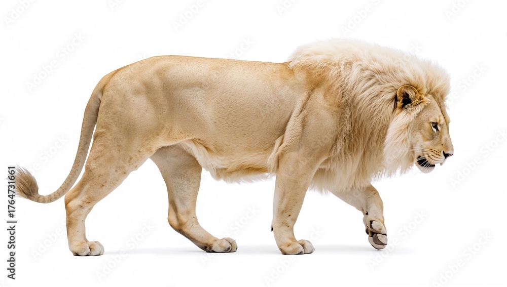 Obraz premium Profile of a 10-year-old Panthera Leo strolling with head lowered against a white backdrop