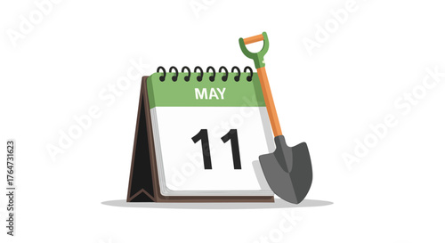 Illustration of May 11th calendar page with a shovel leaning against it signifying springtime gardening and landscaping date reminder illustration