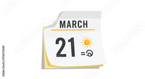 March 21st calendar page illustration portraying spring equinox with sun and equals sign with flower representing new beginnings