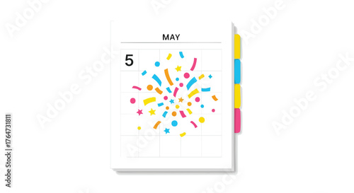 Festive May 5th Calendar Page with Confetti Burst Displaying Holiday or Special Occasion Celebration Reminder Visualized