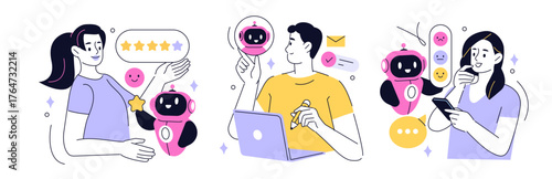 AI feedback and review set. Characters use artificial intelligence tools to complete surveys, give feedback, rate customer experience. User evaluation, satisfaction concept. Vector illustration.