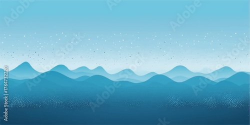 Abstract blue winter landscape with snowy mountains and fog beneath a vast sky