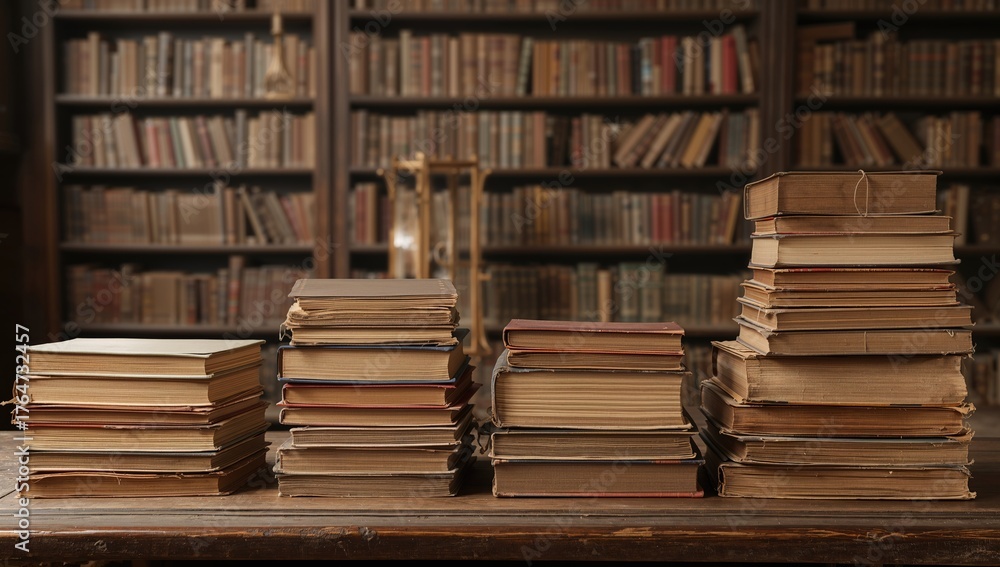 Obraz premium Piles of vintage books on a wooden table inside a classic library. Historical and educational themes with a retro atmosphere.