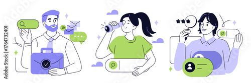 Job search and recruitment. Collection of characters looking for a new vacancy, applying for positions, interviews. HR process, career growth vector illustration.